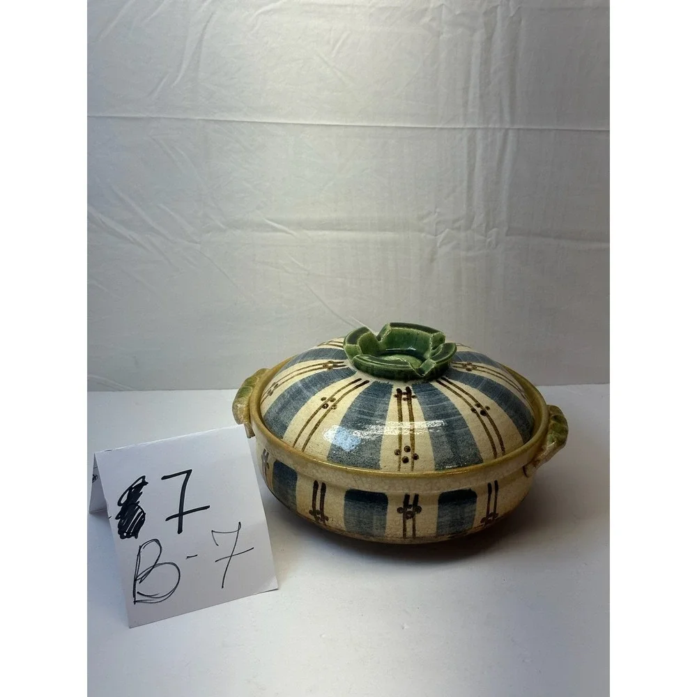 Vintage Japanese Donabe Casserole Pot Blue Striped Earthenware Cookware B-7